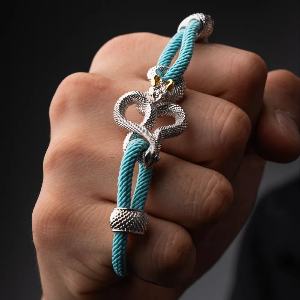 Demon Serpent Rope Bracelet 18K White Gold Plated White Bronze 24K Gold Plated Silver Snake Head Close Up