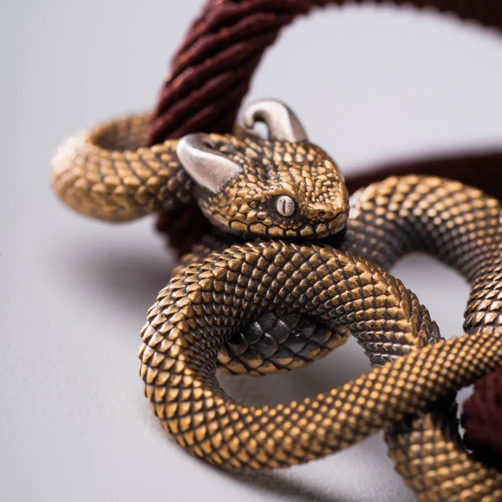 Demon Serpent Rope Bracelet Brass Ox Silver Snake Head Close Up