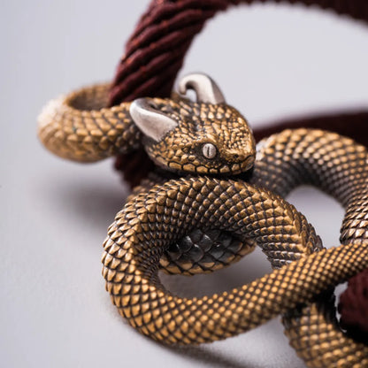 Demon Serpent Rope Bracelet Brass Ox Silver Snake Head Close Up