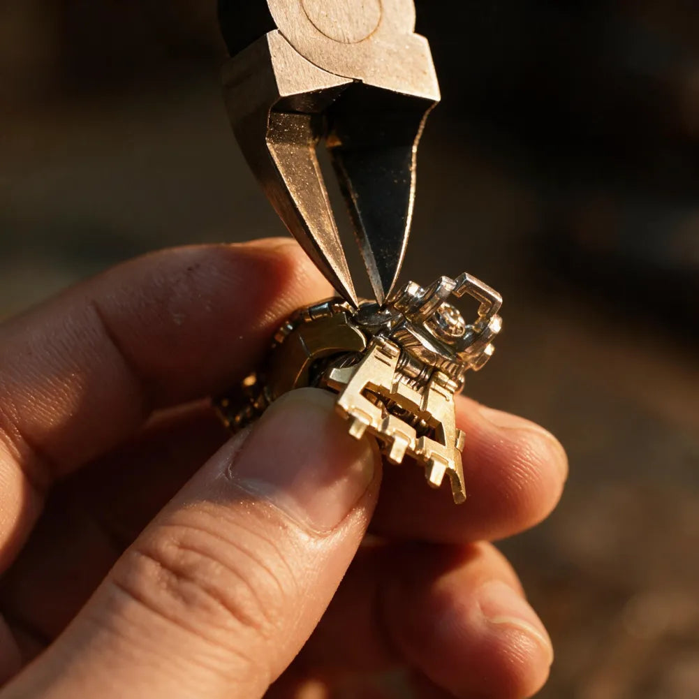 Hand-finishing the metal joints of an Armored Mechanical Hand pendant