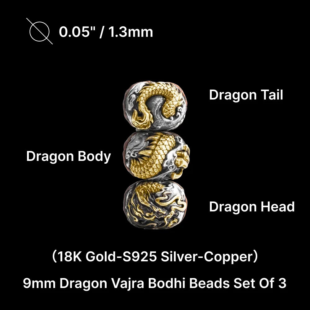 Ox.Silver and 18K Gold and Copper 9mm Dragon Vajra Bodhi Bead Pack Option Set 1
