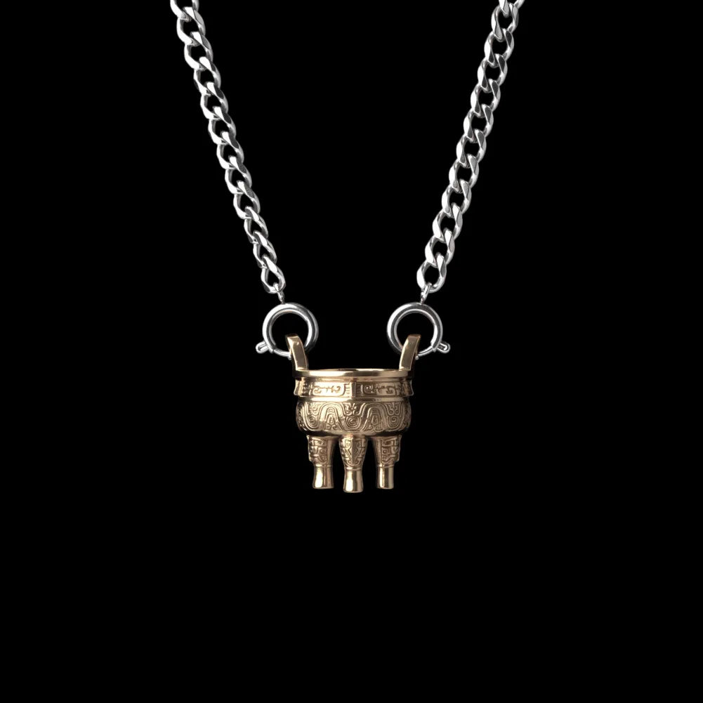Zhou Round Ding With Silver Titanium Steel Chain Necklace