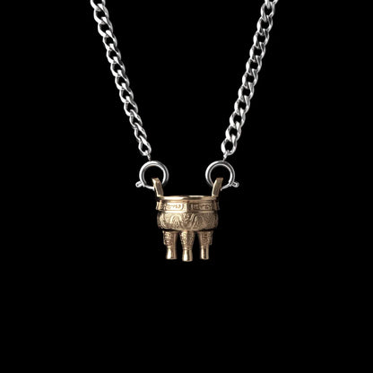 Zhou Round Ding With Silver Titanium Steel Chain Necklace