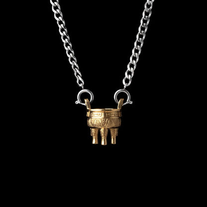 Zhou Round Ding With Silver Titanium Steel Chain Necklace
