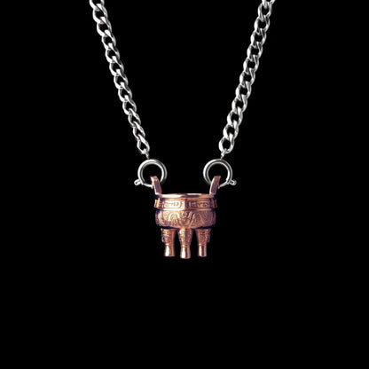 Zhou Round Ding With Silver Titanium Steel Chain Necklace