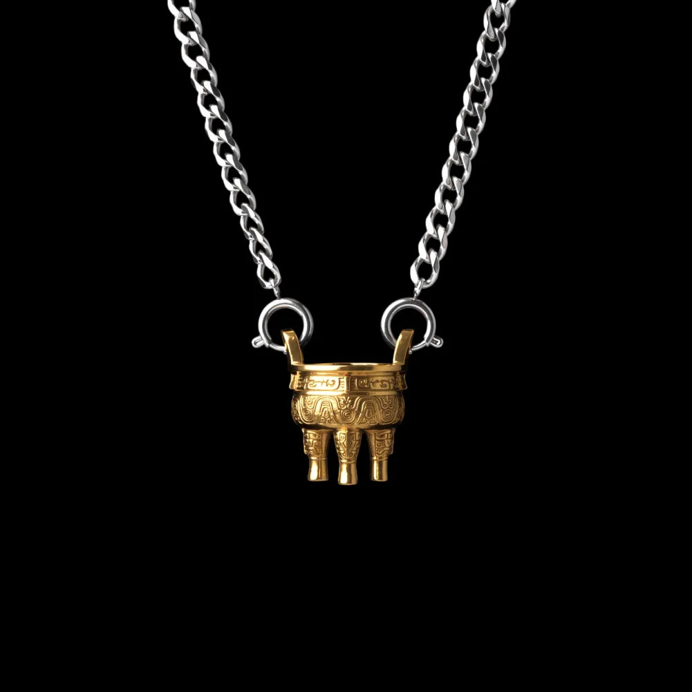 Zhou Round Ding With Silver Titanium Steel Chain Necklace