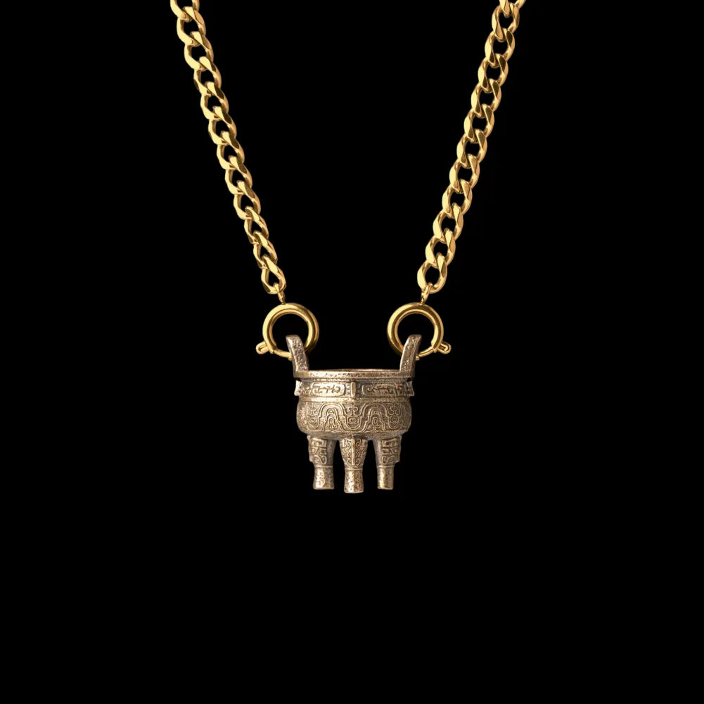 Zhou Round Ding With Gold Titanium Steel Chain Necklace