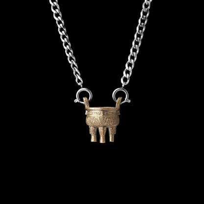 Zhou Round Ding With Silver Titanium Steel Chain Necklace