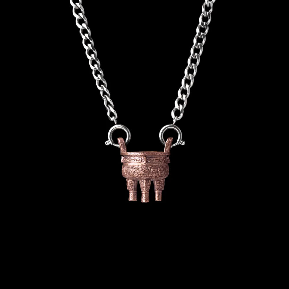 Zhou Round Ding With Silver Titanium Steel Chain Necklace