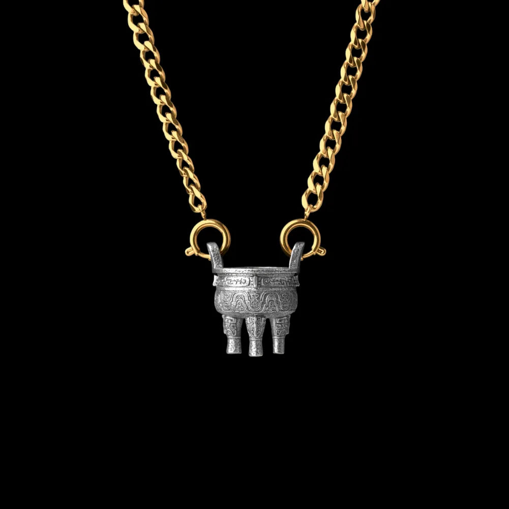 Zhou Round Ding With Gold Titanium Steel Chain Necklace