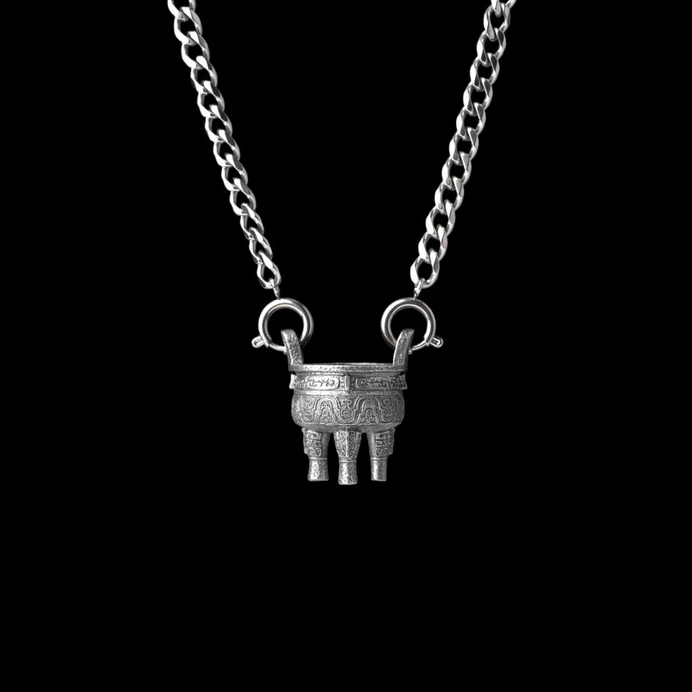 Zhou Round Ding With Silver Titanium Steel Chain Necklace