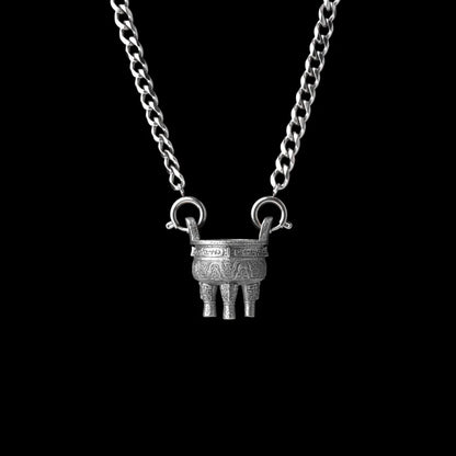 Zhou Round Ding With Silver Titanium Steel Chain Necklace