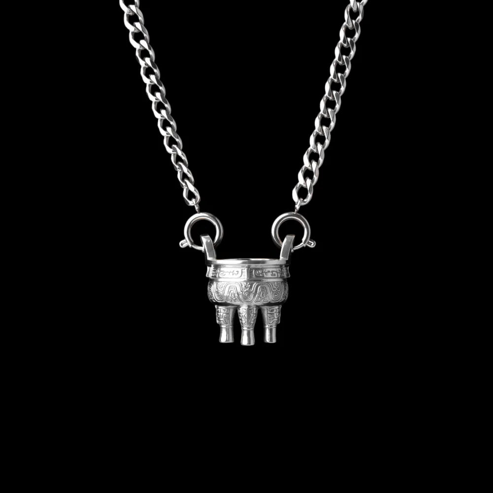 Zhou Round Ding With Silver Titanium Steel Chain Necklace