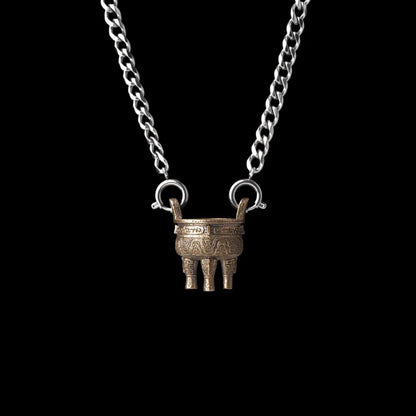 Zhou Round Ding With Silver Titanium Steel Chain Necklace