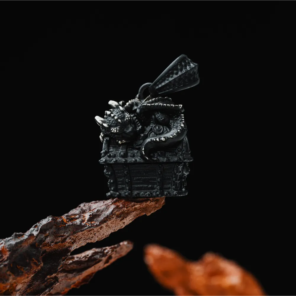 Blackened Dragon Treasure Chest Pendant Details 01