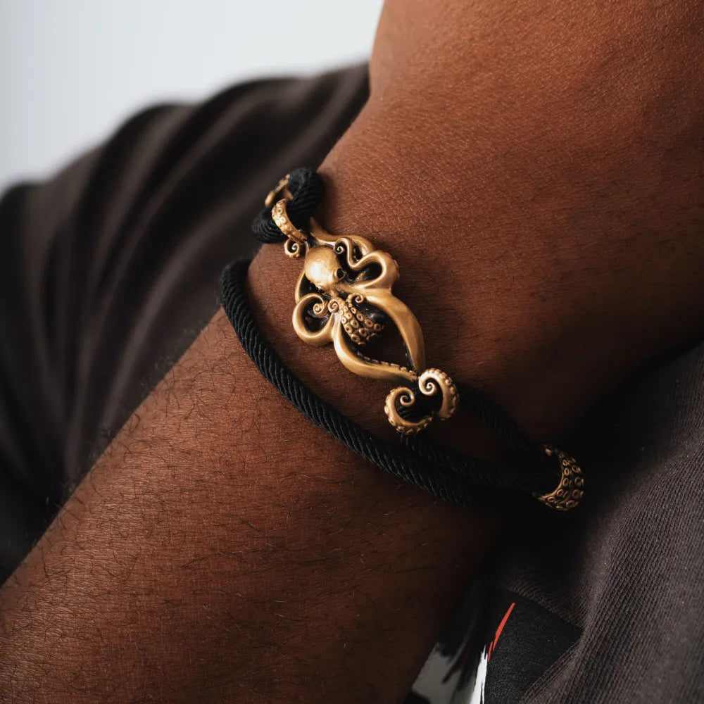 Octopus Clasp Bracelet Brass Clasp with Black Agate Eyes Milan Cord COPPERTIST.WU
