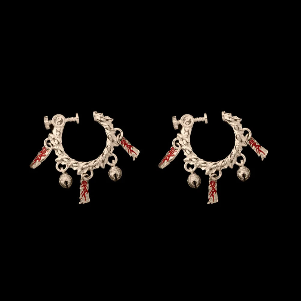 Celestial Chime Ear Clips 14K Gold Cinnabar Pair Black Background
