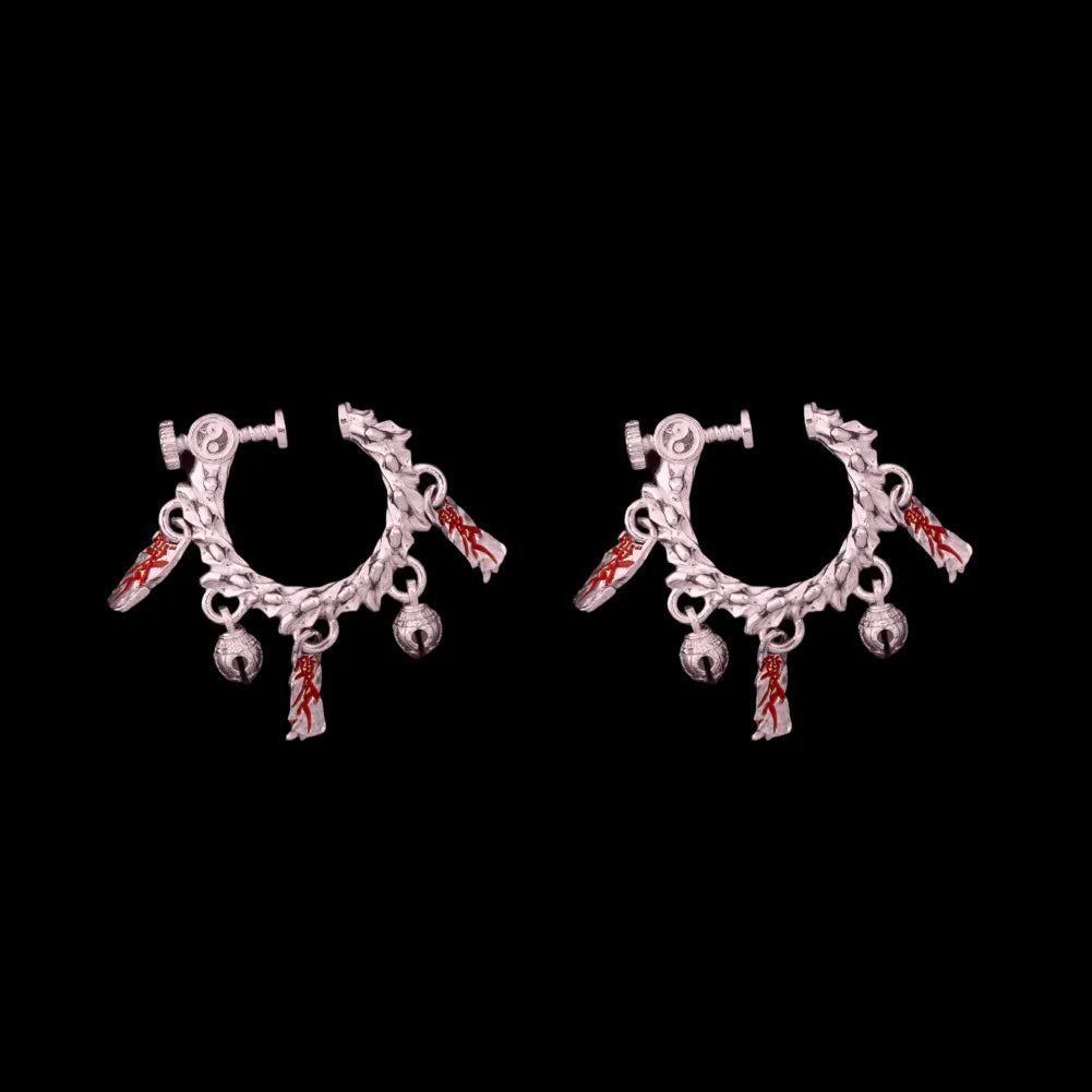 Celestial Chime Ear Clips 14K Rose Gold Cinnabar Pair Black Background