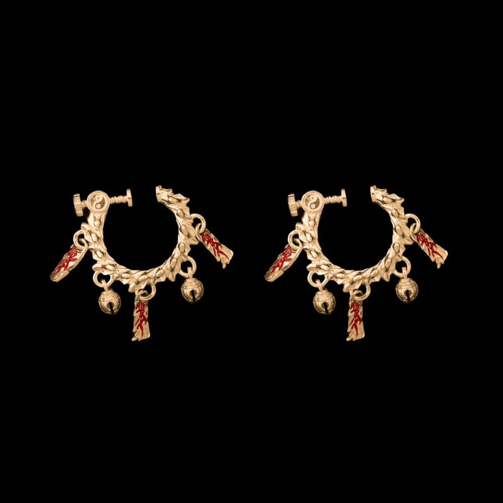 Celestial Chime Ear Clips 18K Gold Cinnabar Pair Black Background