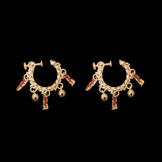 Celestial Chime Ear Clips 18K Gold Cinnabar Pair Black Background