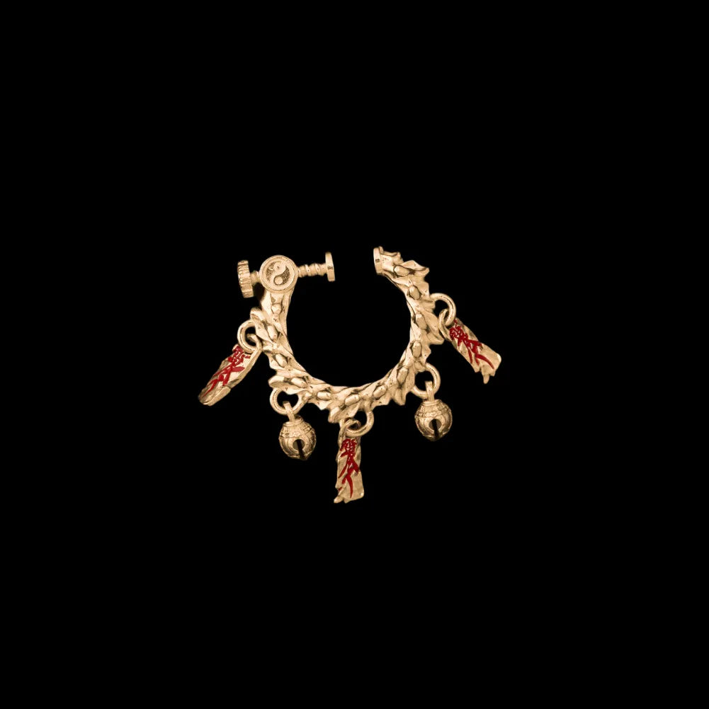Celestial Chime Ear Clips 18K Gold Cinnabar Single Black Background
