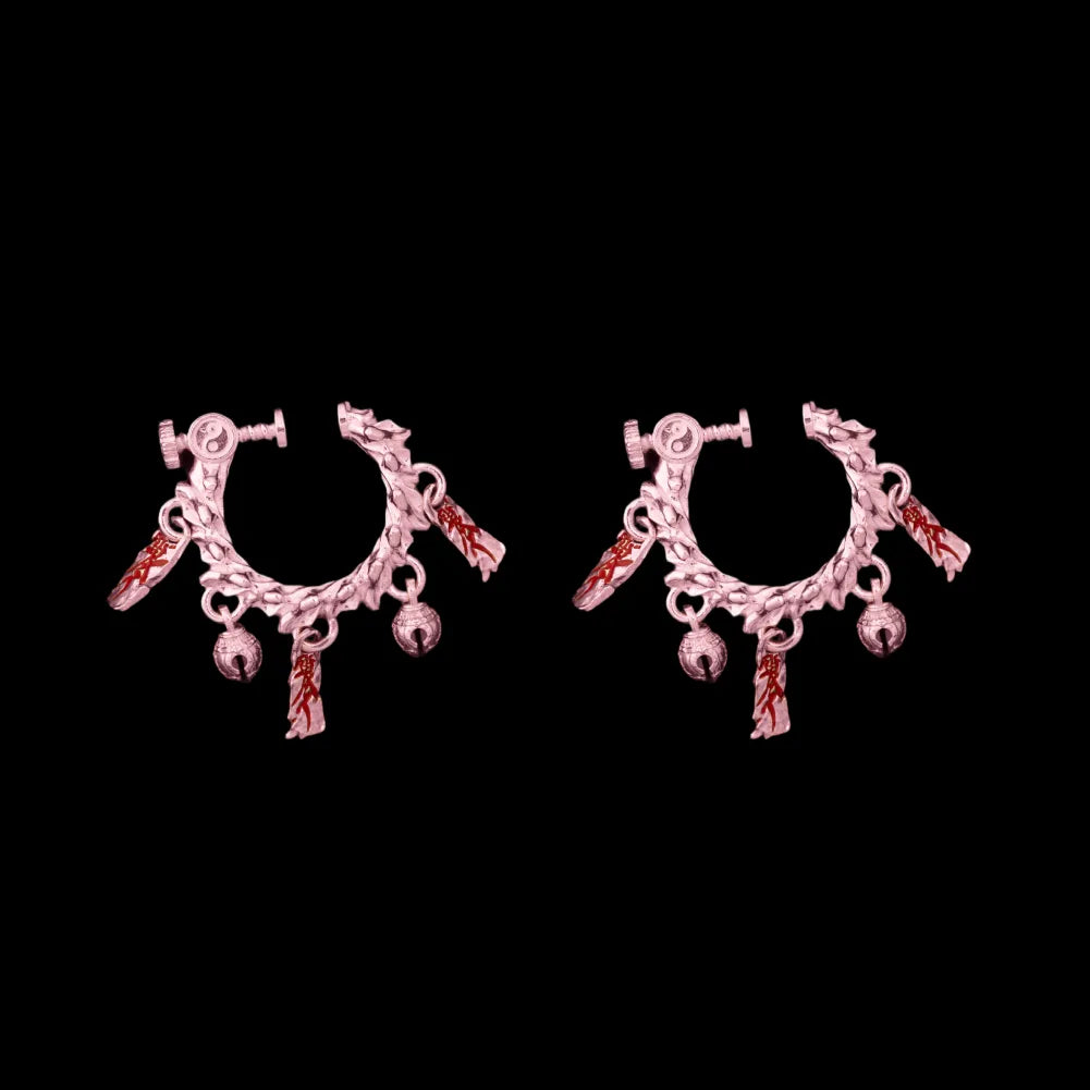 Celestial Chime Ear Clips 18K Rose Gold Cinnabar Pair Black Background