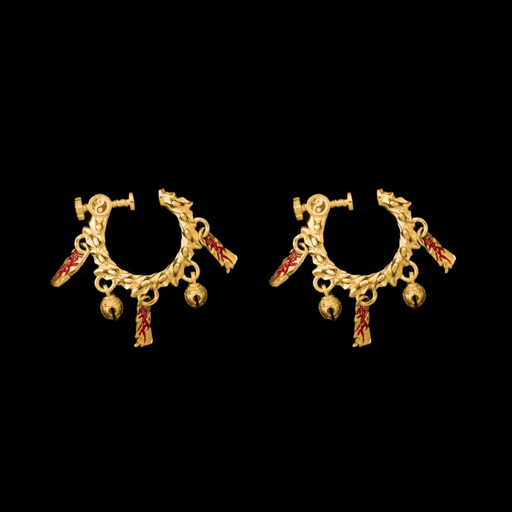 Celestial Chime Ear Clips 24K Gold Cinnabar Pair Black Background