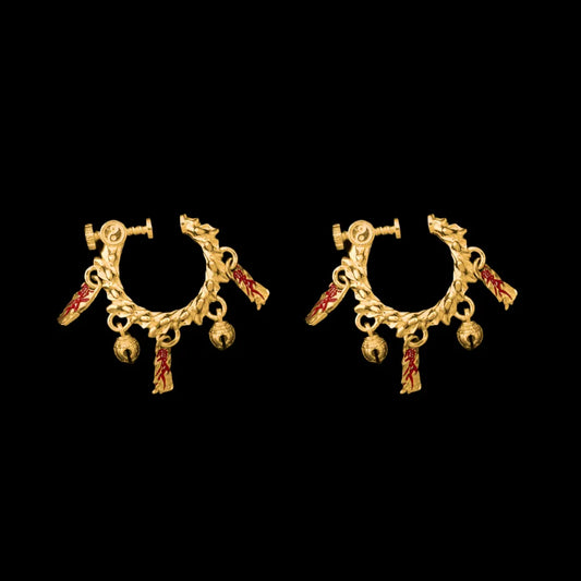 Celestial Chime Ear Clips 24K Gold Cinnabar Pair Black Background