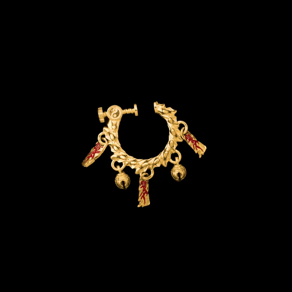 Celestial Chime Ear Clips 24K Gold Cinnabar Single Black Background