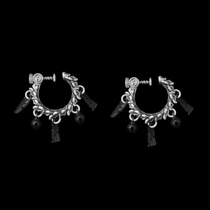 Celestial Chime Ear Clips Oxidized Silver Brass Black Accents Pair Black Background