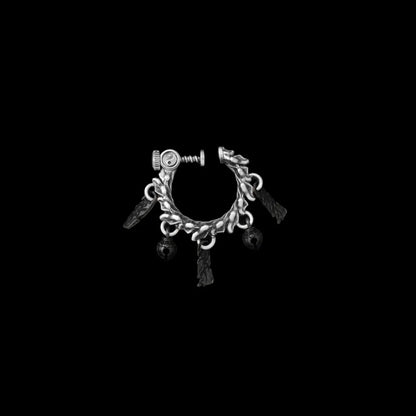 Celestial Chime Ear Clips Oxidized Silver Brass Black Accents Single Black Background