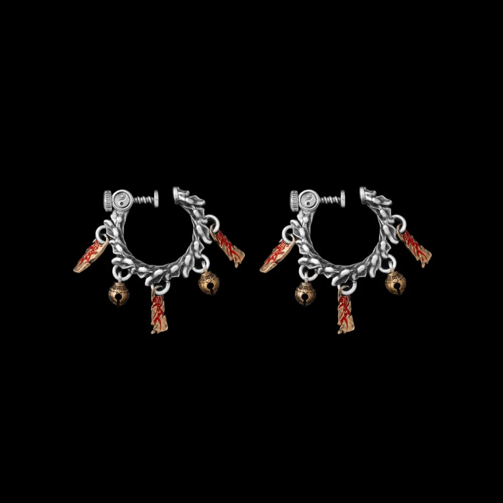 Celestial Chime Ear Clips Oxidized Silver Brass Cinnabar Pair Black Background