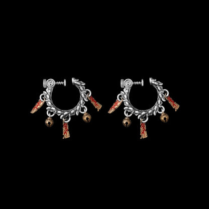 Celestial Chime Ear Clips Oxidized Silver Brass Cinnabar Pair Black Background