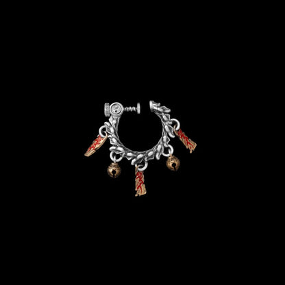 Celestial Chime Ear Clips Oxidized Silver Brass Cinnabar Single Black Background