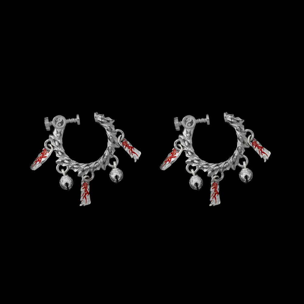 Celestial Chime Ear Clips Oxidized Silver Cinnabar Pair Black Background