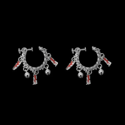 Celestial Chime Ear Clips Oxidized Silver Cinnabar Pair Black Background