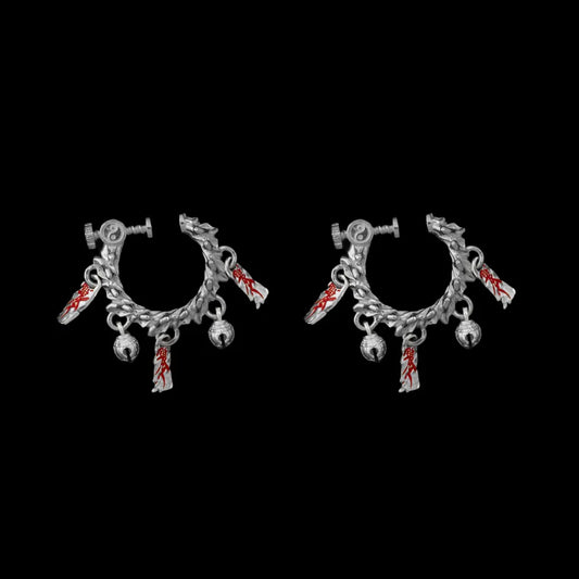 Celestial Chime Ear Clips Oxidized Silver Cinnabar Pair Black Background