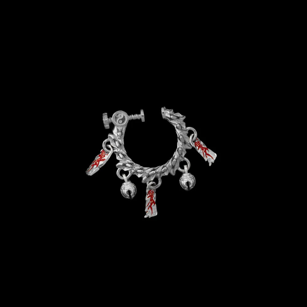 Celestial Chime Ear Clips Oxidized Silver Cinnabar Single Black Background