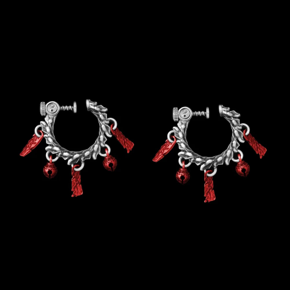 Celestial Chime Ear Clips Oxidized Silver Copper Red Accents Pair Black Background