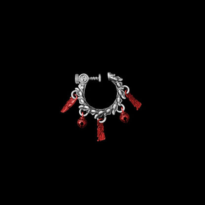 Celestial Chime Ear Clips Oxidized Silver Copper Red Accents Single Black Background