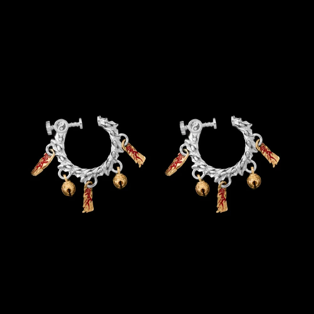 Celestial Chime Ear Clips Silver 18K Gold Plated Cinnabar Pair Black Background
