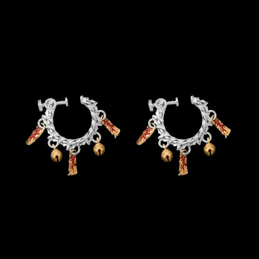 Celestial Chime Ear Clips Silver 18K Gold Plated Cinnabar Pair Black Background