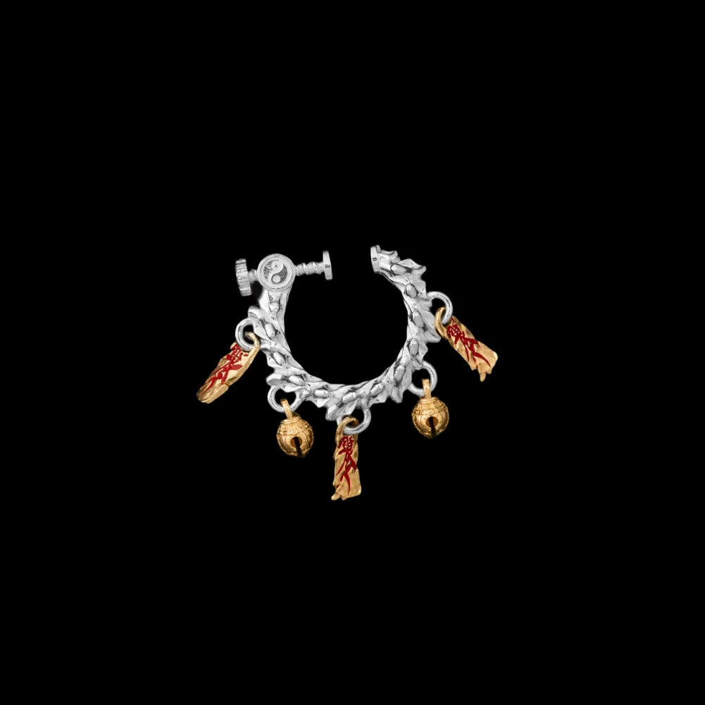 Celestial Chime Ear Clips Silver 18K Gold Plated Cinnabar Single Black Background