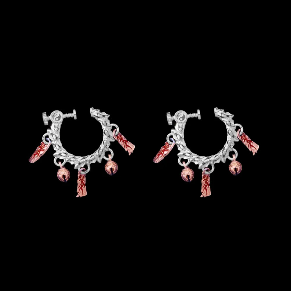 Celestial Chime Ear Clips Silver 18K Rose Gold Plated Cinnabar Pair Black Background