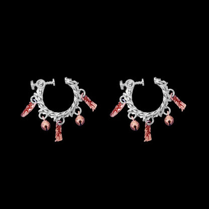 Celestial Chime Ear Clips Silver 18K Rose Gold Plated Cinnabar Pair Black Background