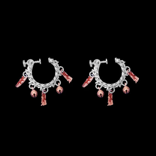 Celestial Chime Ear Clips Silver 18K Rose Gold Plated Cinnabar Pair Black Background