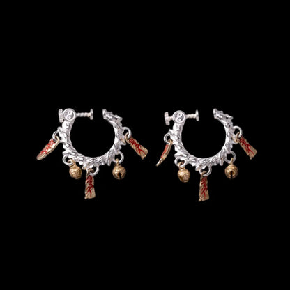 Celestial Chime Ear Clips Silver Brass Cinnabar Pair Black Background