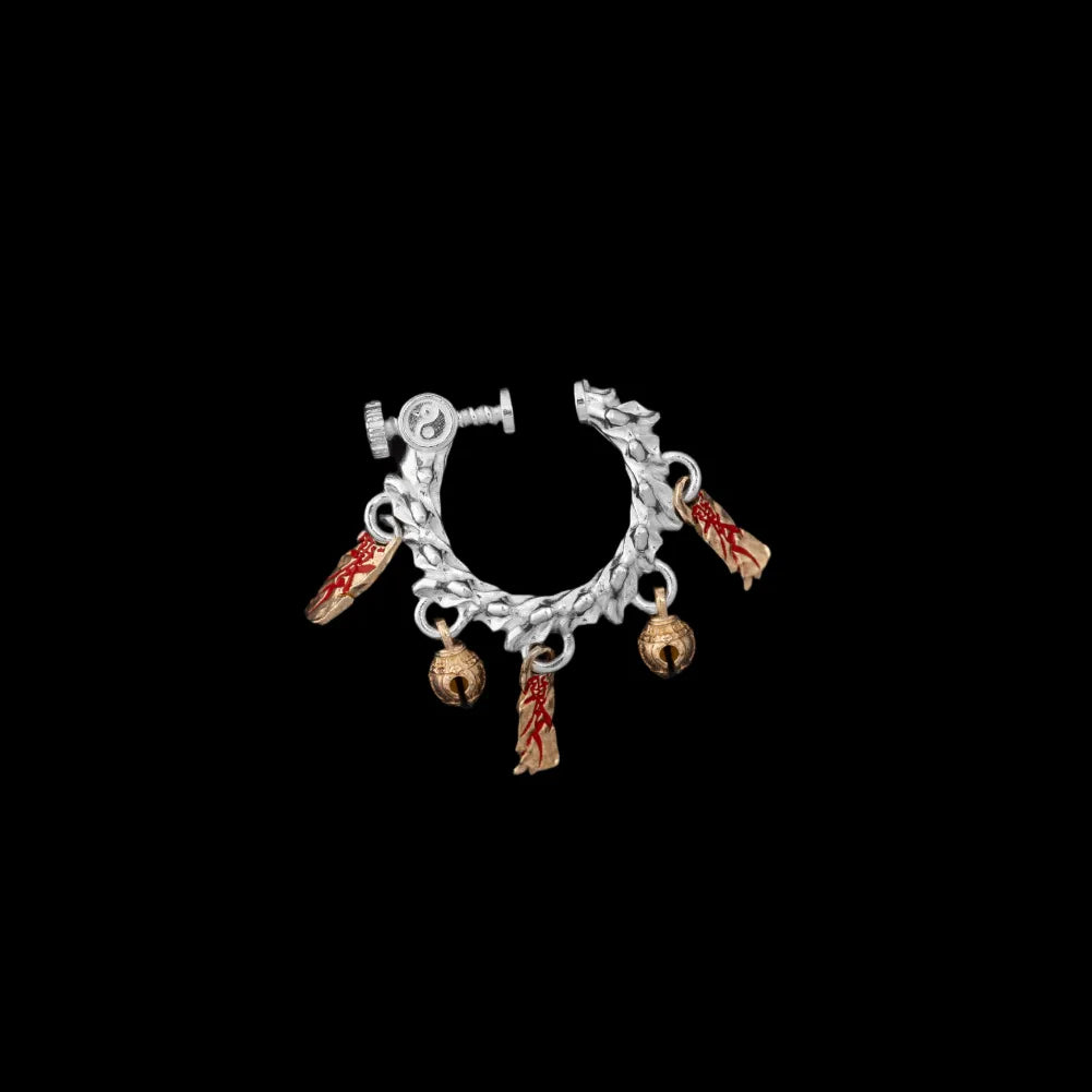Celestial Chime Ear Clips Silver Brass Cinnabar Single Black Background