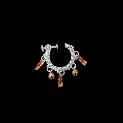 Celestial Chime Ear Clips Silver Brass Cinnabar Single Black Background