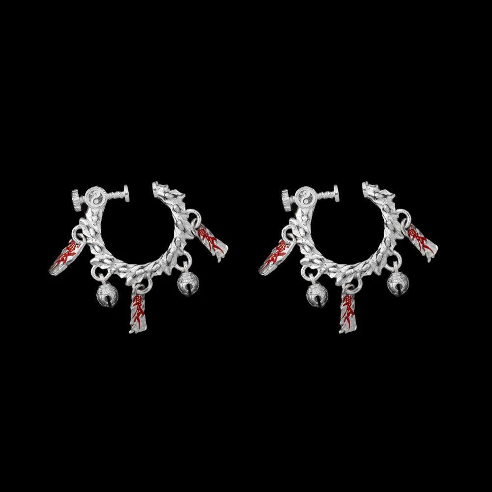 Celestial Chime Ear Clips Silver Cinnabar Pair Black Background